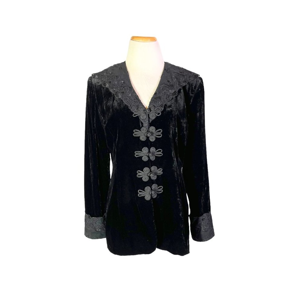 Vintage Jenna Sz 10 Black Velvet Jacket Lace Collar Knot Buttons Victorian Look